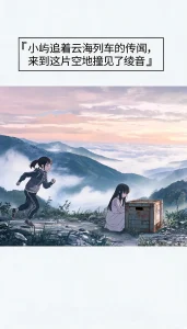 Wide shot of a mist-shrouded abandoned clearing in the sea of clouds; A curious girl named 小屿 runs forward, her gaze fix
