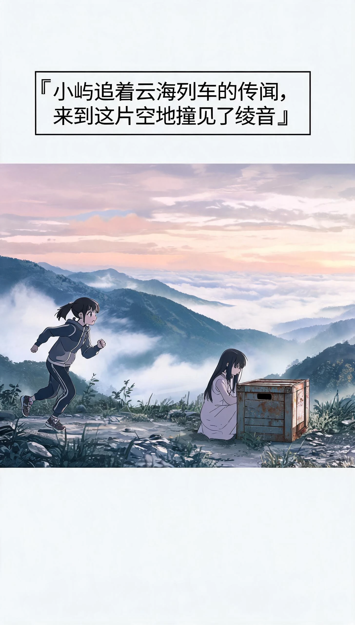 Wide shot of a mist-shrouded abandoned clearing in the sea of clouds; A curious 
