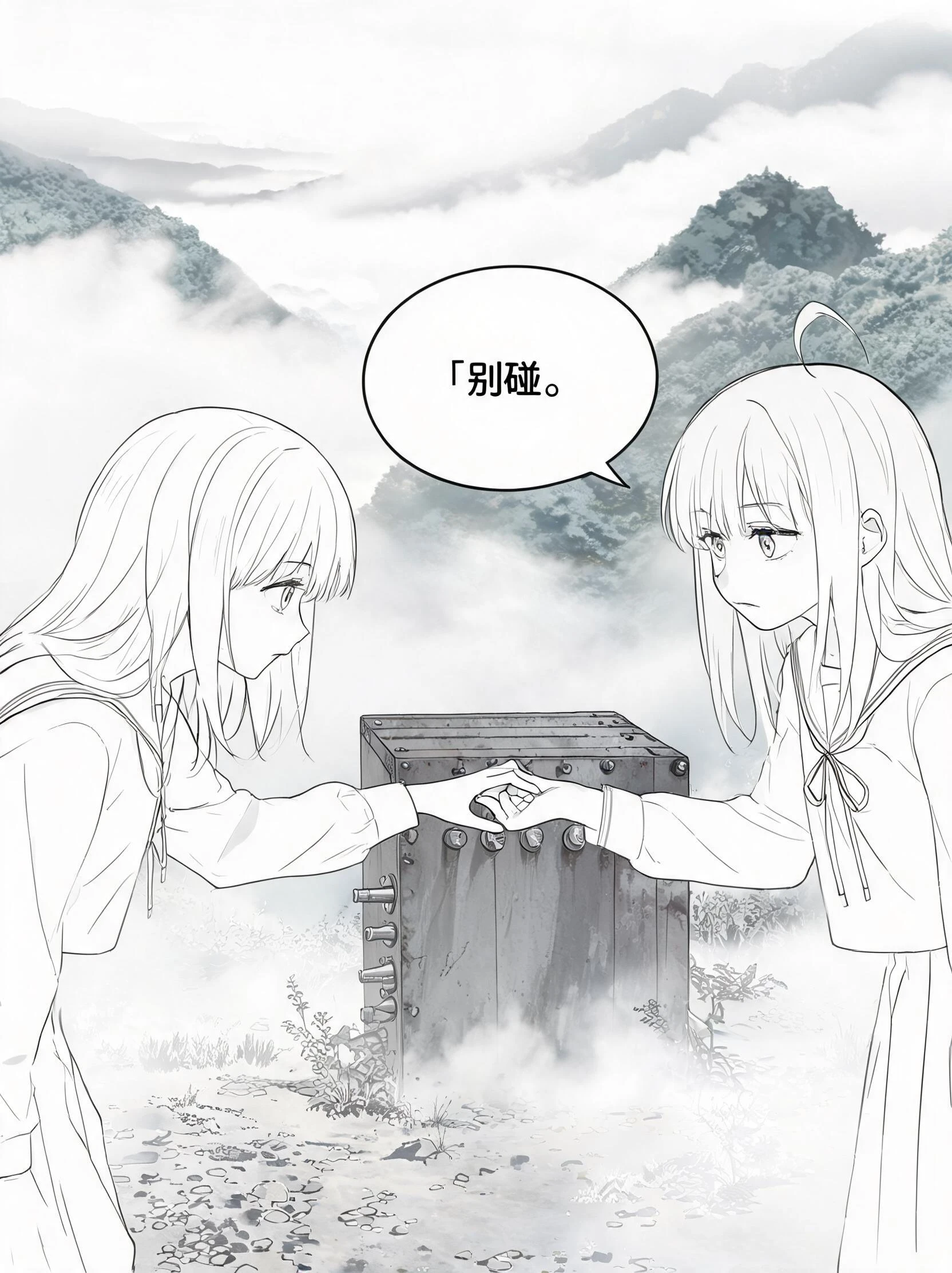 Medium shot; 小屿 extends her hand toward the metal crate's protruding bolts, whil