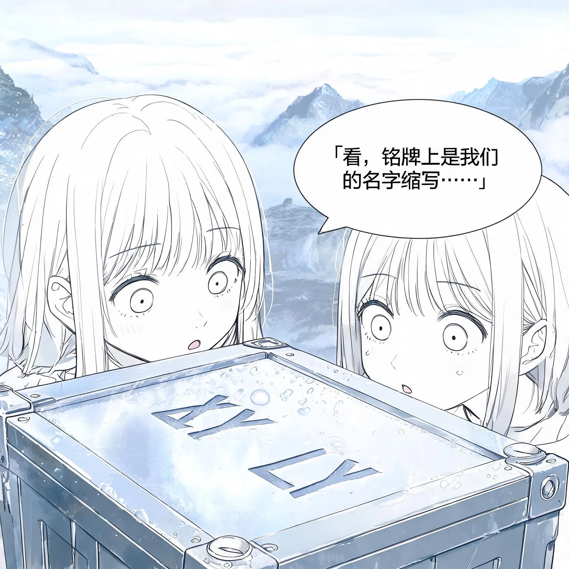 Close-up shot of the metal crate's front name plate; 小屿 and 绫音 lean in closely, 