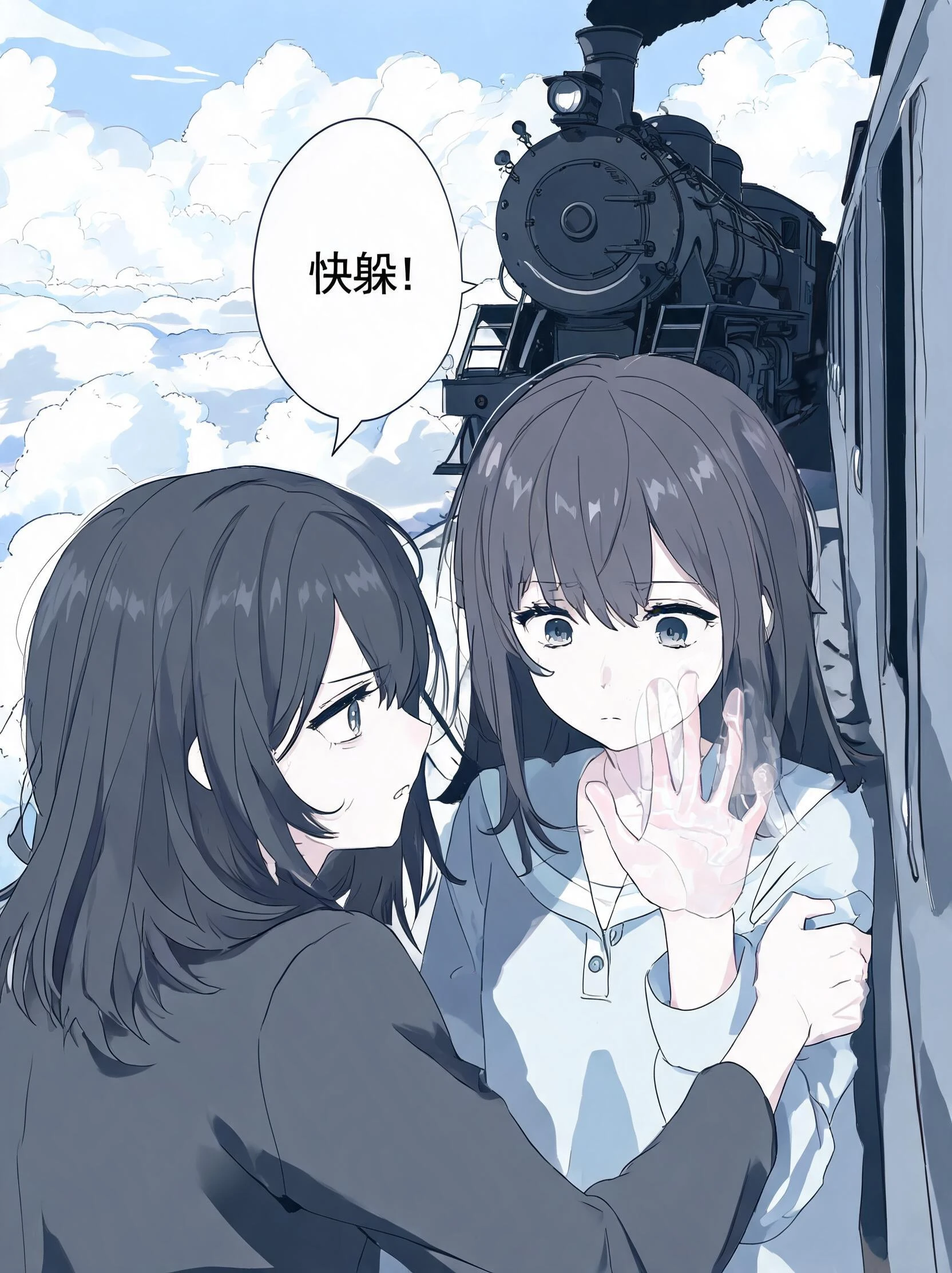 Over-the-shoulder shot from 绫音's perspective; 绫音 grabs 小屿's arm and pulls her in