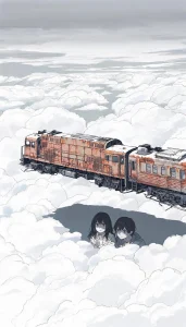 Wide shot of the rusty train floating in the billowing sea of clouds, two people hiding under its dark shadow. Soft gloo