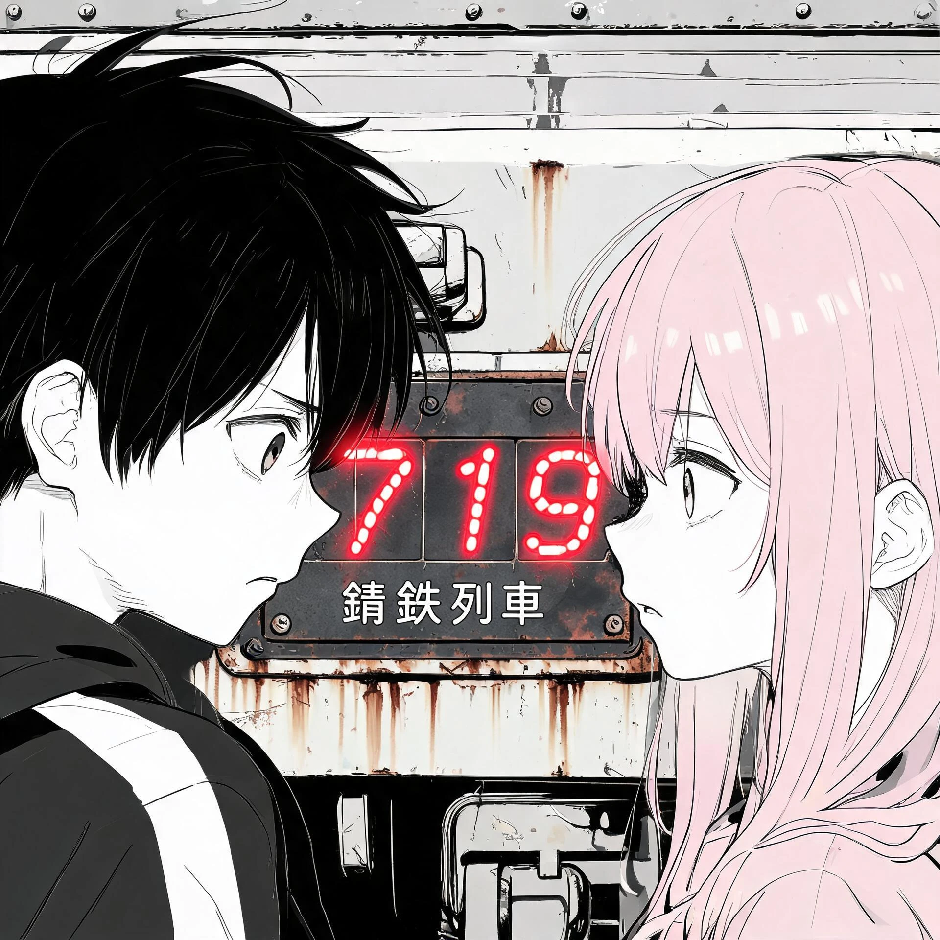 Close-up of red glowing numbers jumping on the metal plate, Koyou leaning in clo