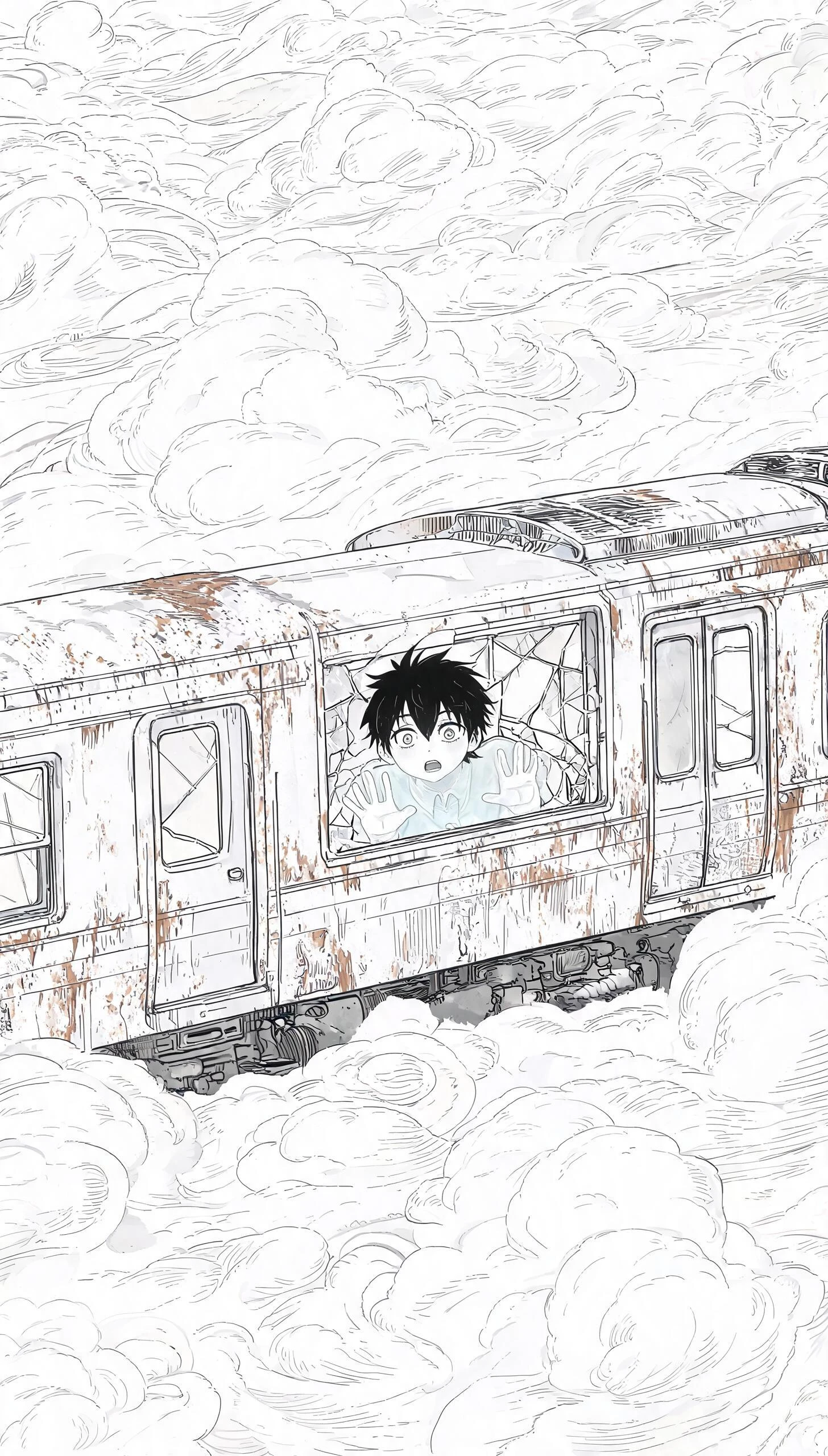 Bird's eye view of churning clouds unfolding, a pale white phantom child identic