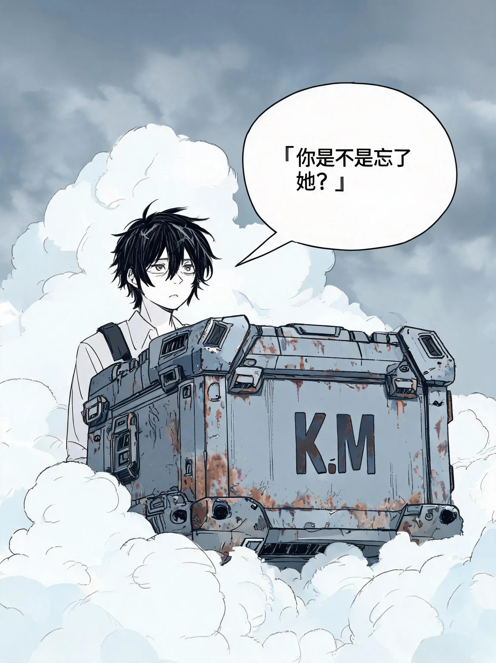 Medium shot of the old mechanical box left on the cloud, a new marking "K.M" eme
