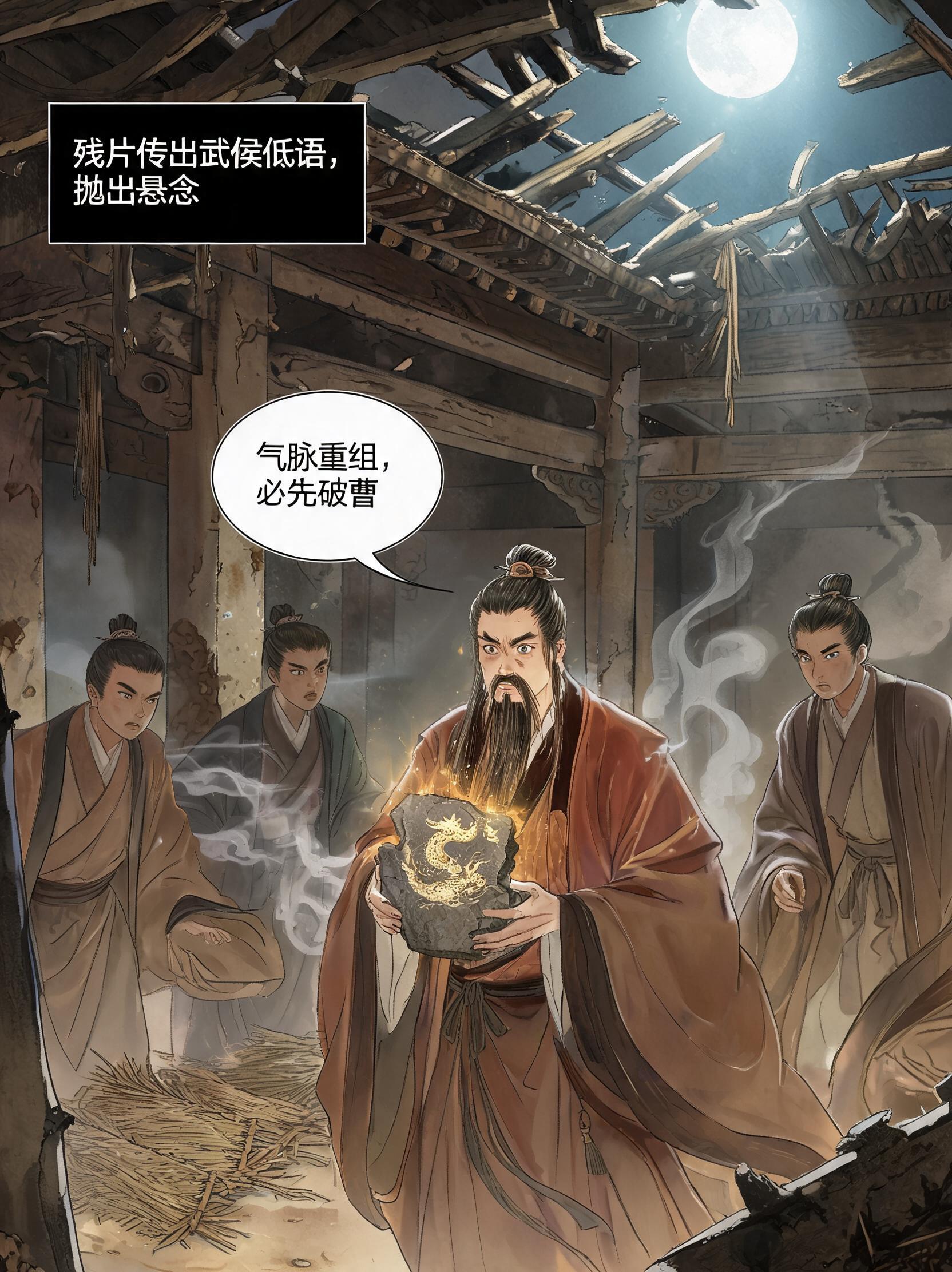 Four people retreat into a dilapidated temple, moonlight seeps through broken ro